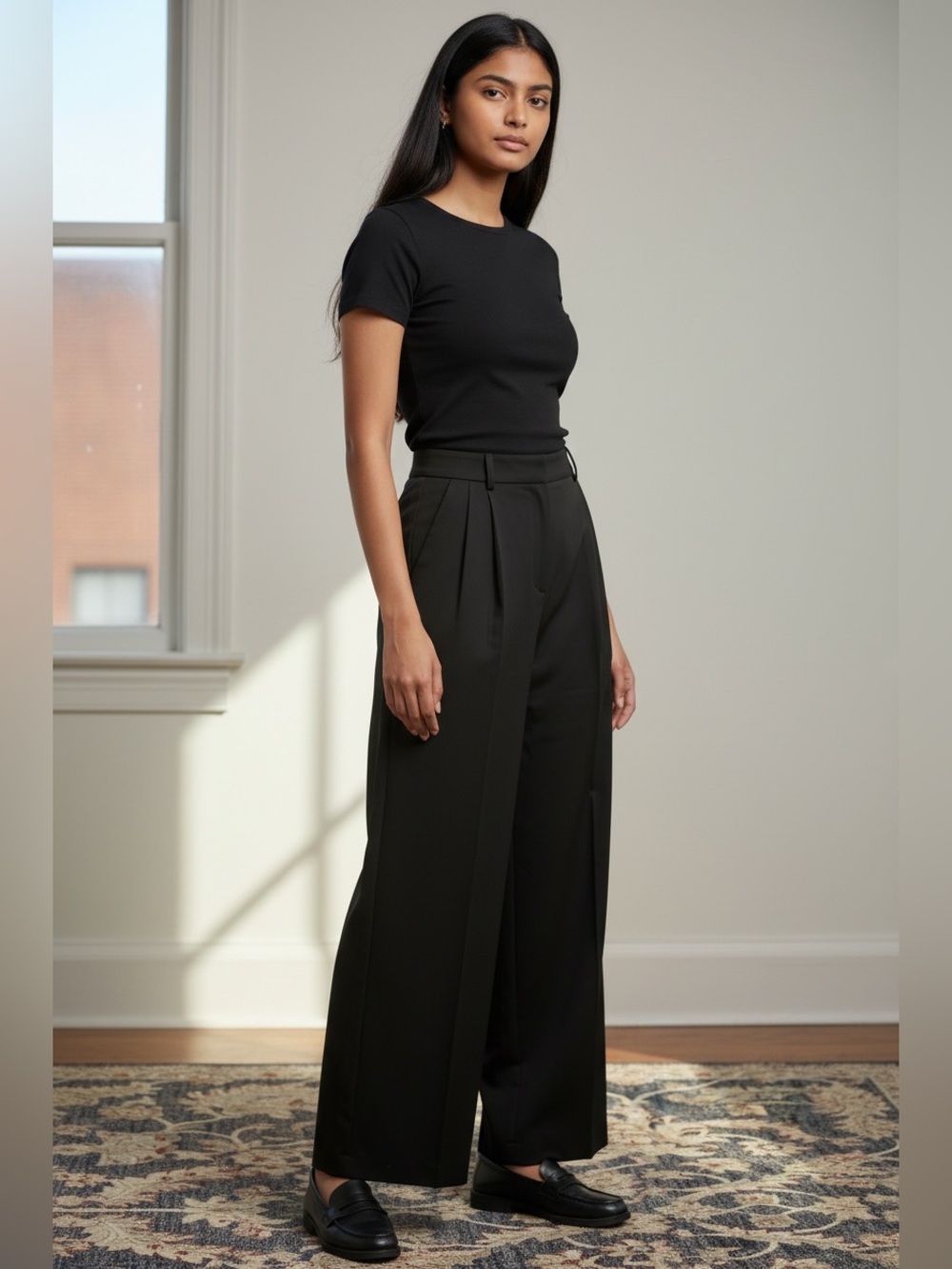 Women's Black Wide-Leg Tailored Pants - Medium Petite